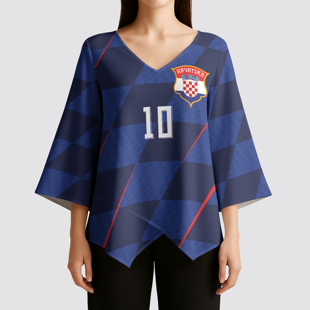 Croatia Football Custom Kimono Sleeve Blouse Glagolitic Script Checkerboard Sporty Style Away Color