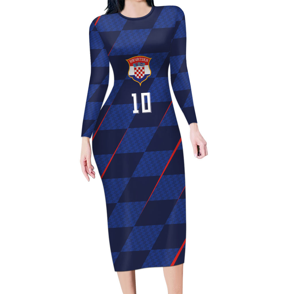 Croatia Football Custom Long Sleeve Bodycon Dress Glagolitic Script Checkerboard Sporty Style Away Color