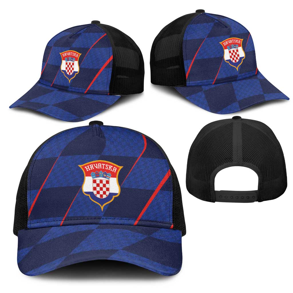Croatia Football Mesh Trucker Cap Glagolitic Script Checkerboard Sporty Style Away Color