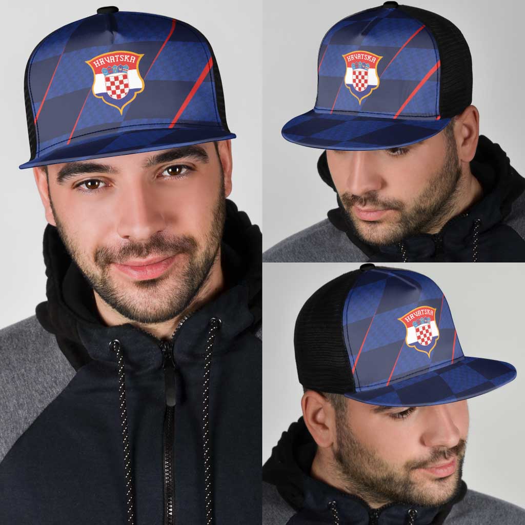 Croatia Football Mesh Trucker Cap Glagolitic Script Checkerboard Sporty Style Away Color