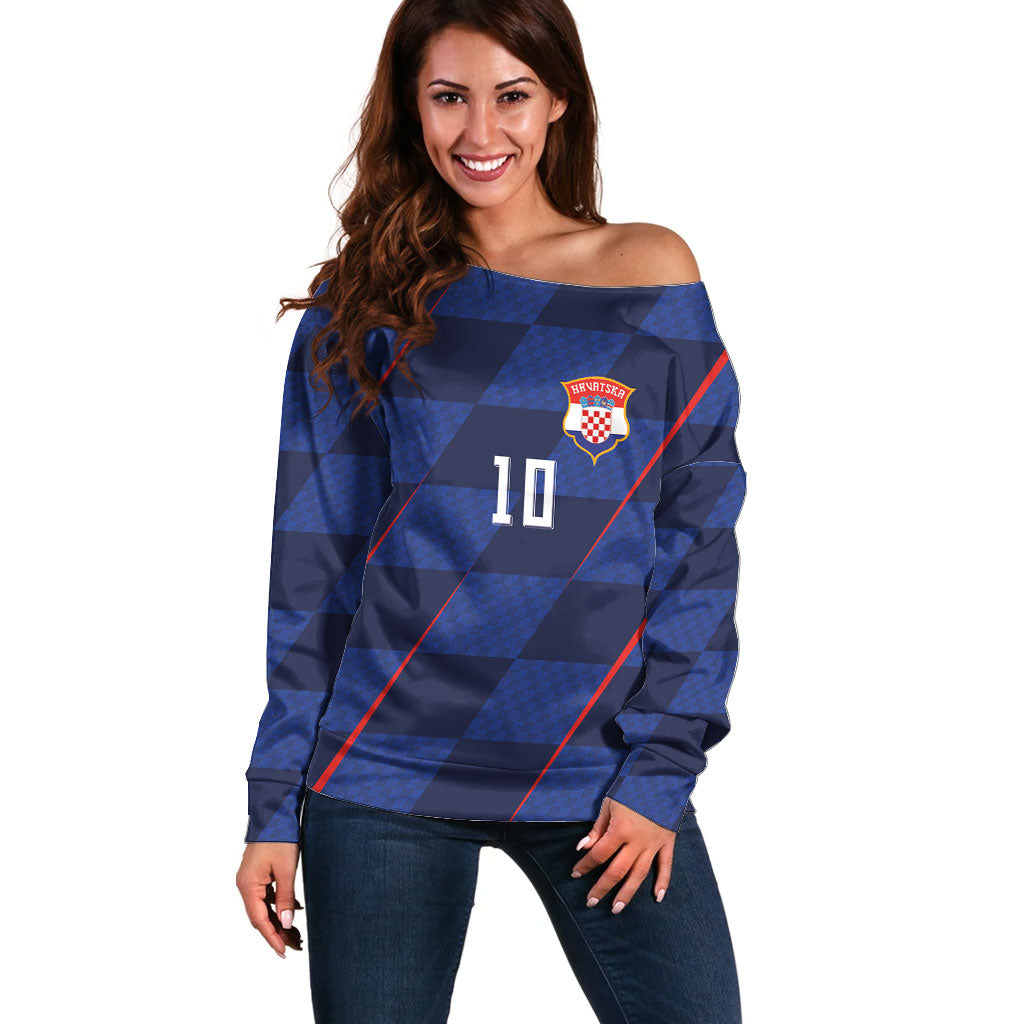 Croatia Football Custom Off Shoulder Sweater Glagolitic Script Checkerboard Sporty Style Away Color