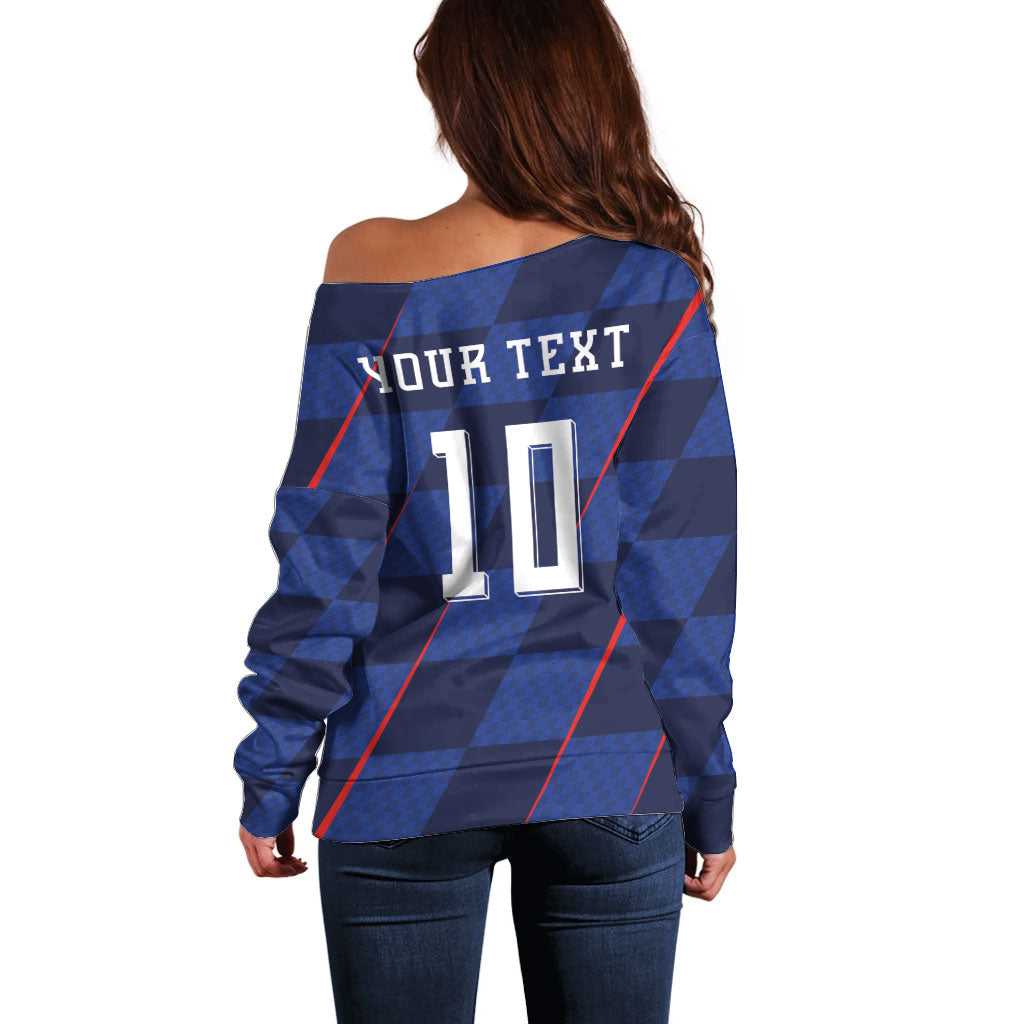 Croatia Football Custom Off Shoulder Sweater Glagolitic Script Checkerboard Sporty Style Away Color