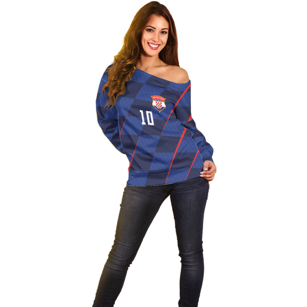 Croatia Football Custom Off Shoulder Sweater Glagolitic Script Checkerboard Sporty Style Away Color