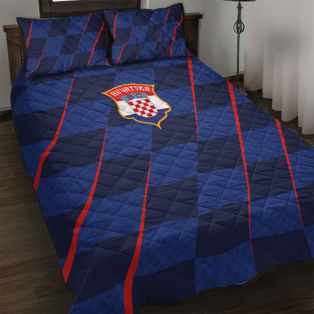 Croatia Football Quilt Bed Set Glagolitic Script Checkerboard Sporty Style Away Color