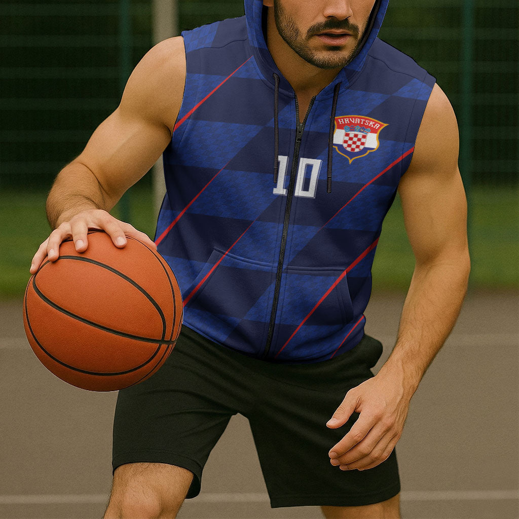 Croatia Football Custom Sleeveless Zip Hoodie Glagolitic Script Checkerboard Sporty Style Away Color