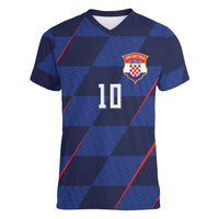 Croatia Football Custom Women V-Neck T-Shirt Glagolitic Script Checkerboard Sporty Style Away Color