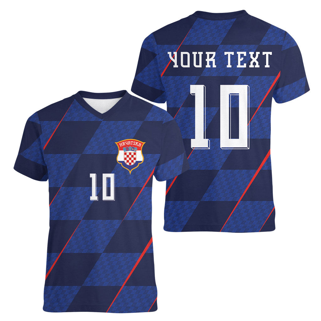 Croatia Football Custom Women V-Neck T-Shirt Glagolitic Script Checkerboard Sporty Style Away Color