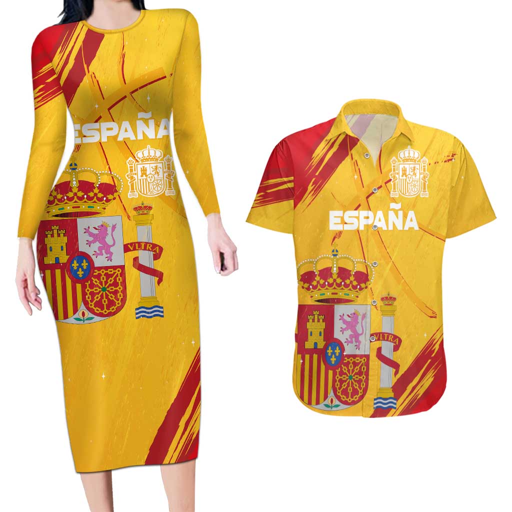 Custom Basketball Fan Jersey Spanish Couples Matching Long Sleeve Bodycon Dress and Hawaiian Shirt Royal Seal of España - Wonder Print Shop