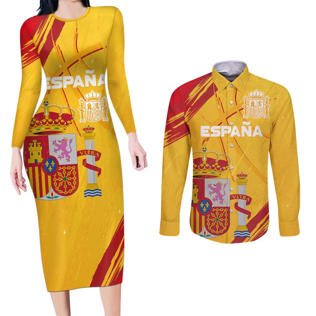 Custom Basketball Fan Jersey Spanish Couples Matching Long Sleeve Bodycon Dress and Long Sleeve Button Shirt Royal Seal of España - Wonder Print Shop