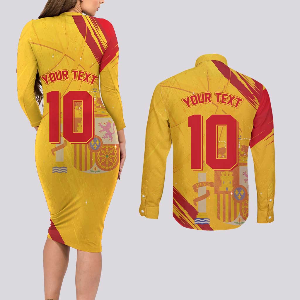 Custom Basketball Fan Jersey Spanish Couples Matching Long Sleeve Bodycon Dress and Long Sleeve Button Shirt Royal Seal of España - Wonder Print Shop