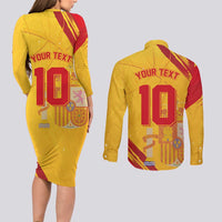 Custom Basketball Fan Jersey Spanish Couples Matching Long Sleeve Bodycon Dress and Long Sleeve Button Shirt Royal Seal of España - Wonder Print Shop