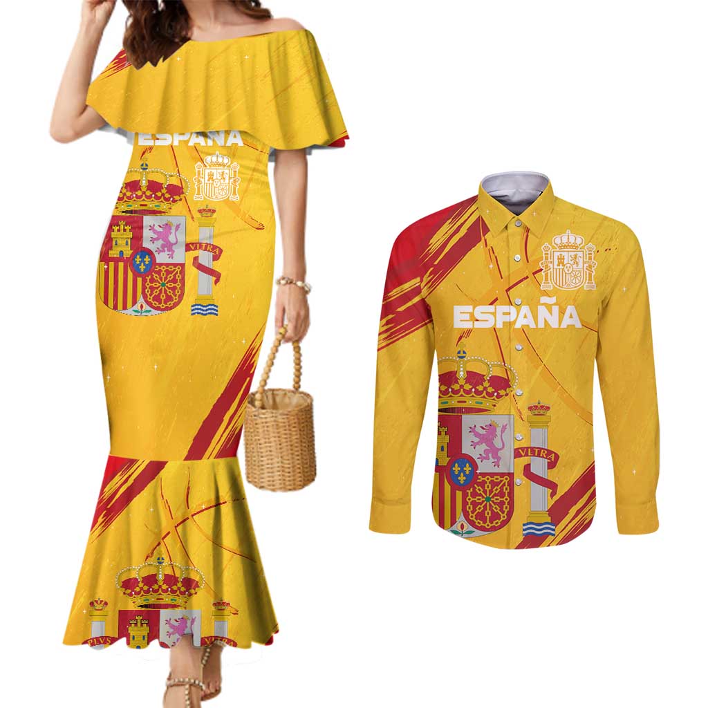 Custom Basketball Fan Jersey Spanish Couples Matching Mermaid Dress and Long Sleeve Button Shirt Royal Seal of España - Wonder Print Shop