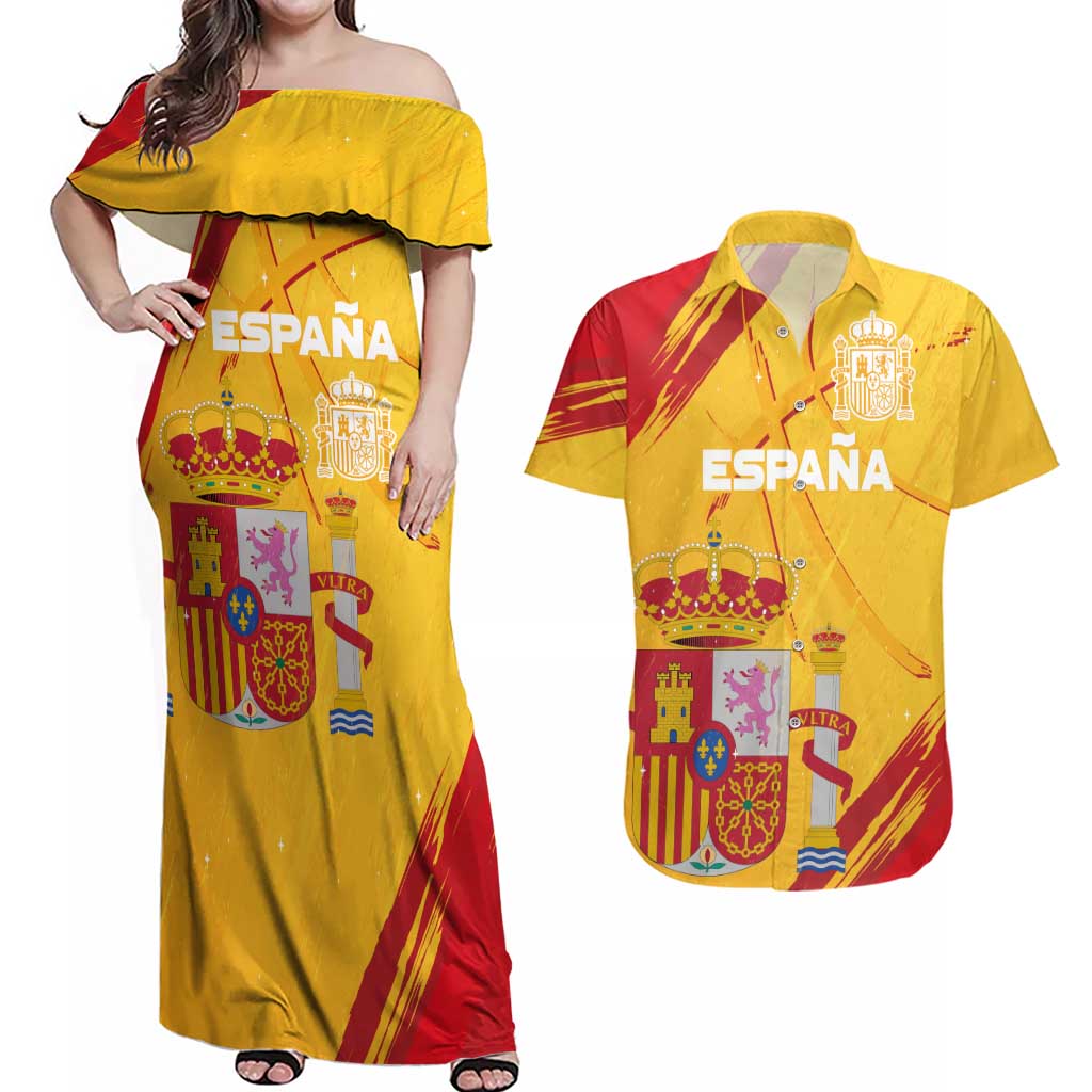 Custom Basketball Fan Jersey Spanish Couples Matching Off Shoulder Maxi Dress and Hawaiian Shirt Royal Seal of España - Wonder Print Shop