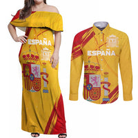 Custom Basketball Fan Jersey Spanish Couples Matching Off Shoulder Maxi Dress and Long Sleeve Button Shirt Royal Seal of España - Wonder Print Shop
