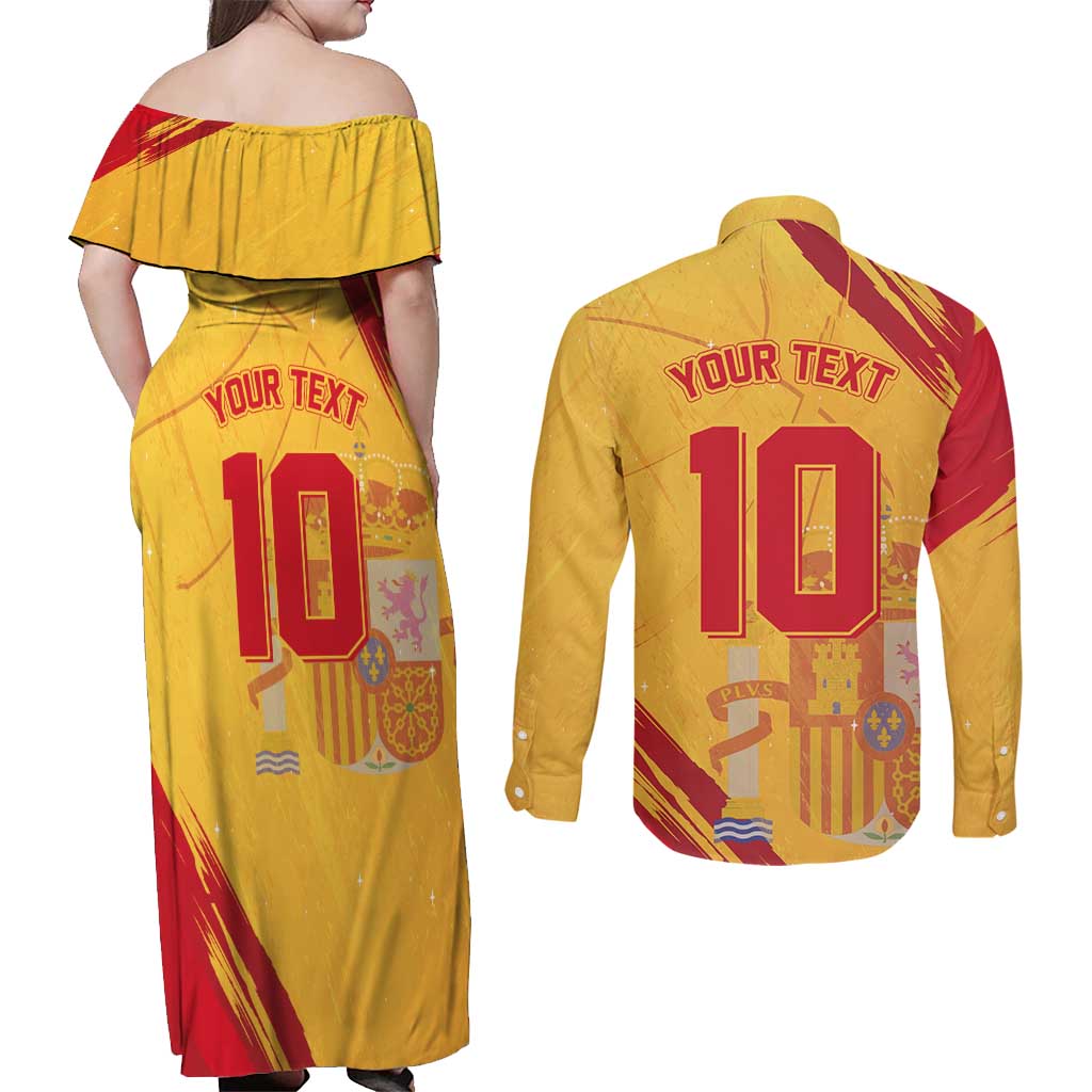 Custom Basketball Fan Jersey Spanish Couples Matching Off Shoulder Maxi Dress and Long Sleeve Button Shirt Royal Seal of España - Wonder Print Shop