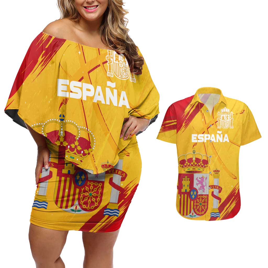 Custom Basketball Fan Jersey Spanish Couples Matching Off Shoulder Short Dress and Hawaiian Shirt Royal Seal of España - Wonder Print Shop