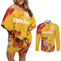 Custom Basketball Fan Jersey Spanish Couples Matching Off Shoulder Short Dress and Long Sleeve Button Shirt Royal Seal of España - Wonder Print Shop