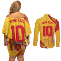 Custom Basketball Fan Jersey Spanish Couples Matching Off Shoulder Short Dress and Long Sleeve Button Shirt Royal Seal of España - Wonder Print Shop
