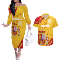 Custom Basketball Fan Jersey Spanish Couples Matching Off The Shoulder Long Sleeve Dress and Hawaiian Shirt Royal Seal of España - Wonder Print Shop