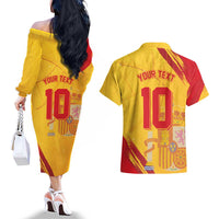Custom Basketball Fan Jersey Spanish Couples Matching Off The Shoulder Long Sleeve Dress and Hawaiian Shirt Royal Seal of España - Wonder Print Shop