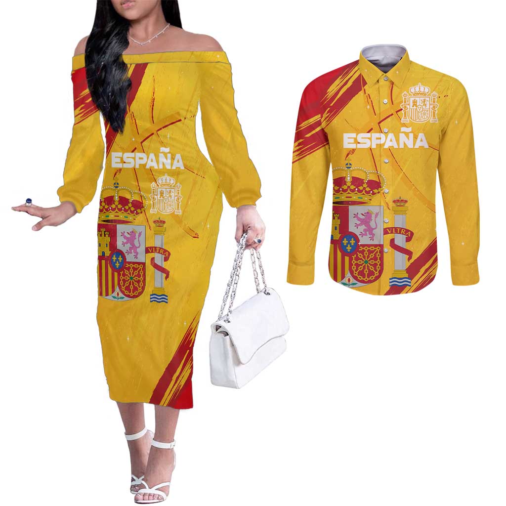 Custom Basketball Fan Jersey Spanish Couples Matching Off The Shoulder Long Sleeve Dress and Long Sleeve Button Shirt Royal Seal of España - Wonder Print Shop