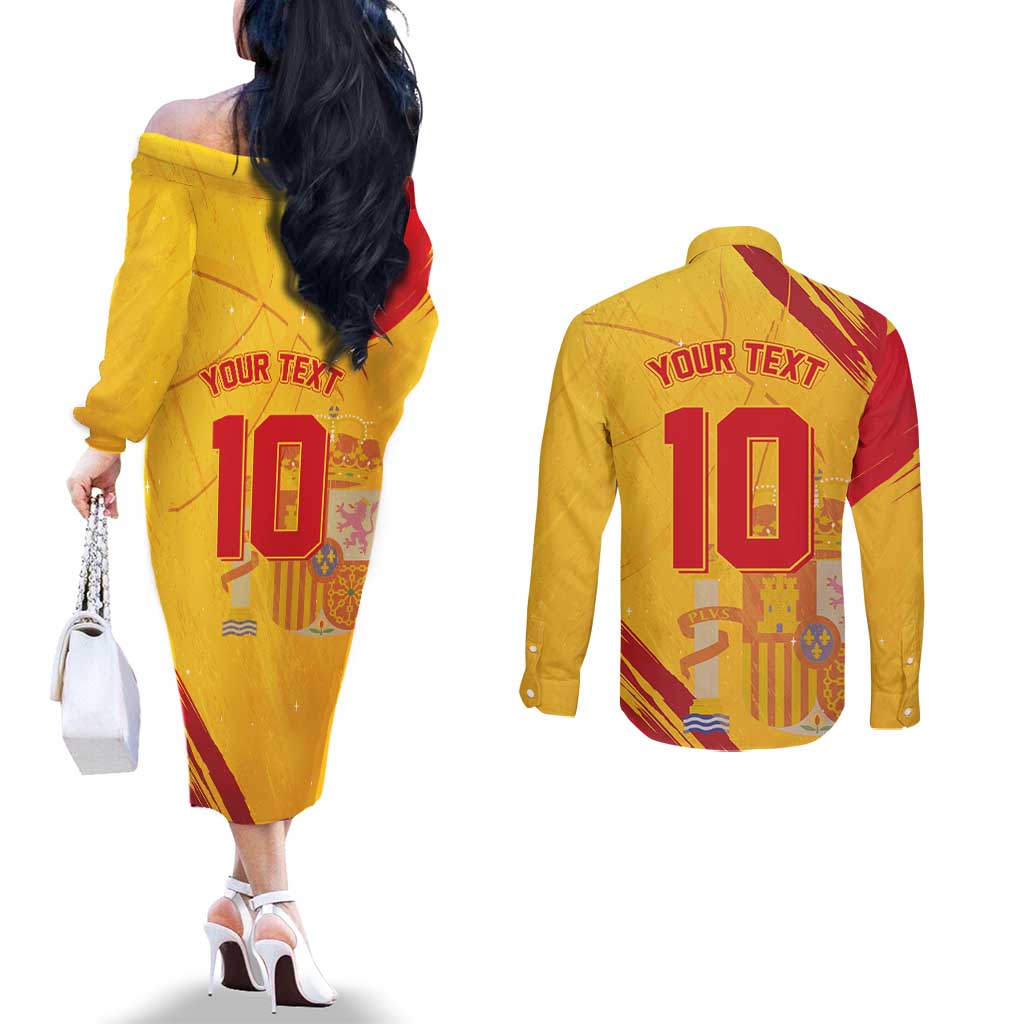 Custom Basketball Fan Jersey Spanish Couples Matching Off The Shoulder Long Sleeve Dress and Long Sleeve Button Shirt Royal Seal of España - Wonder Print Shop