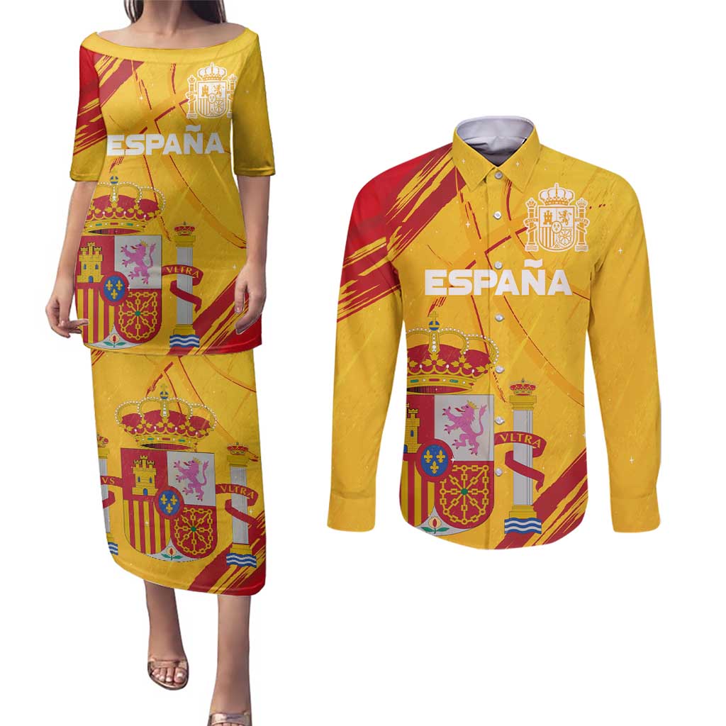 Custom Basketball Fan Jersey Spanish Couples Matching Puletasi and Long Sleeve Button Shirt Royal Seal of España - Wonder Print Shop