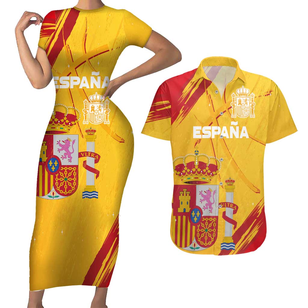 Custom Basketball Fan Jersey Spanish Couples Matching Short Sleeve Bodycon Dress and Hawaiian Shirt Royal Seal of España - Wonder Print Shop