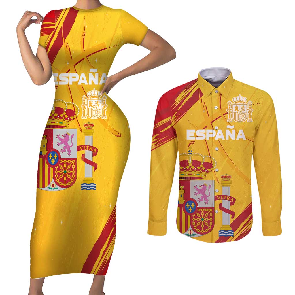 Custom Basketball Fan Jersey Spanish Couples Matching Short Sleeve Bodycon Dress and Long Sleeve Button Shirt Royal Seal of España - Wonder Print Shop