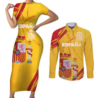 Custom Basketball Fan Jersey Spanish Couples Matching Short Sleeve Bodycon Dress and Long Sleeve Button Shirt Royal Seal of España - Wonder Print Shop