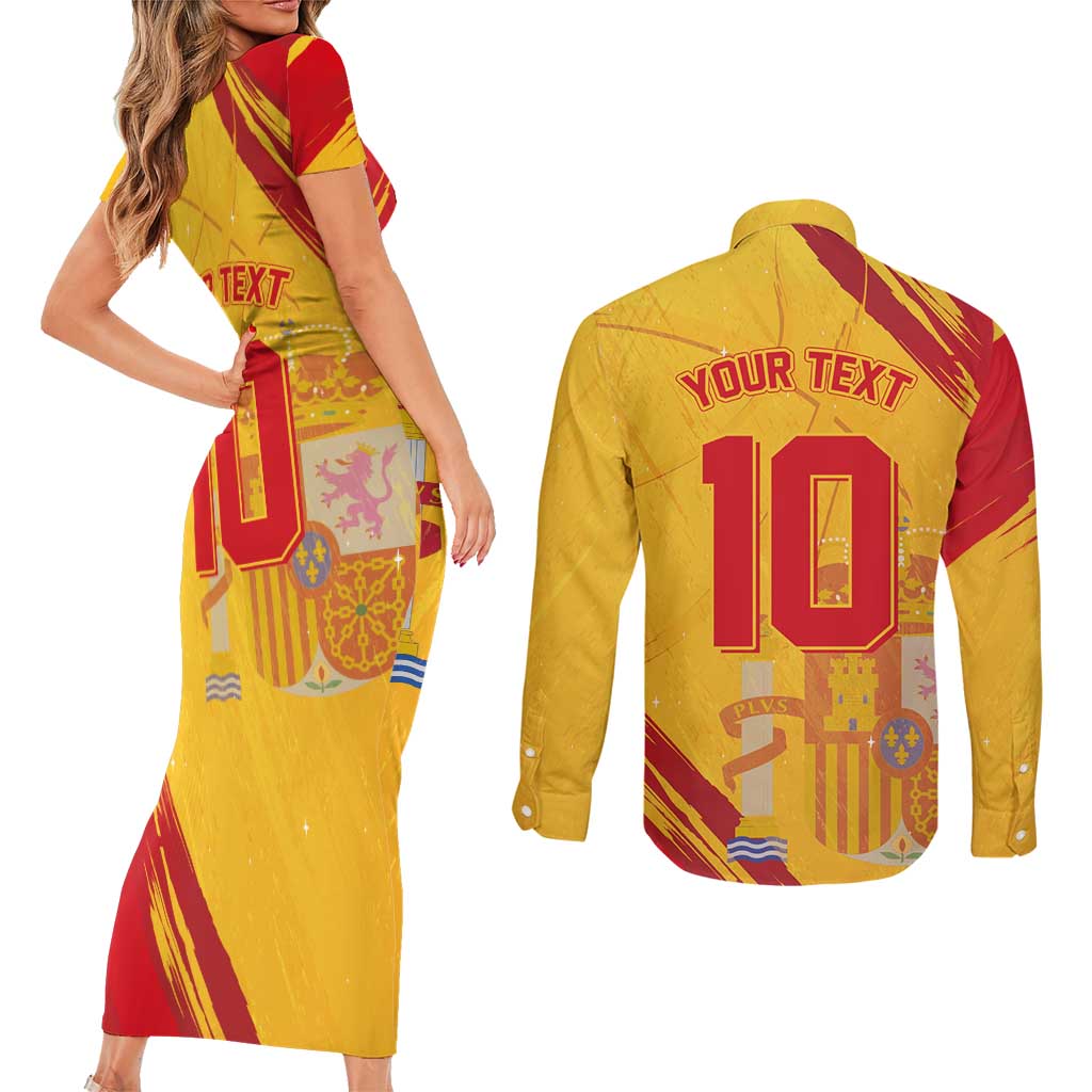 Custom Basketball Fan Jersey Spanish Couples Matching Short Sleeve Bodycon Dress and Long Sleeve Button Shirt Royal Seal of España - Wonder Print Shop