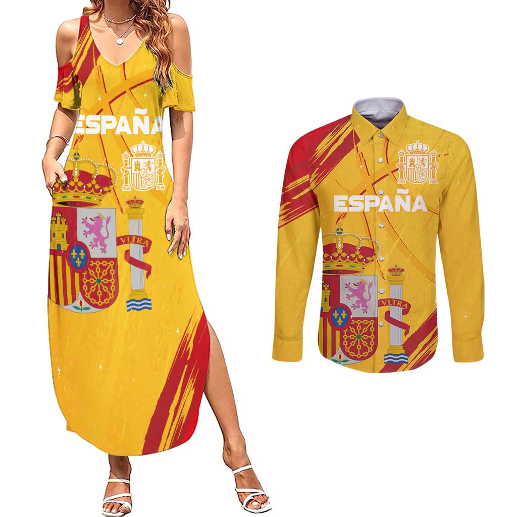 Custom Basketball Fan Jersey Spanish Couples Matching Summer Maxi Dress and Long Sleeve Button Shirt Royal Seal of España - Wonder Print Shop