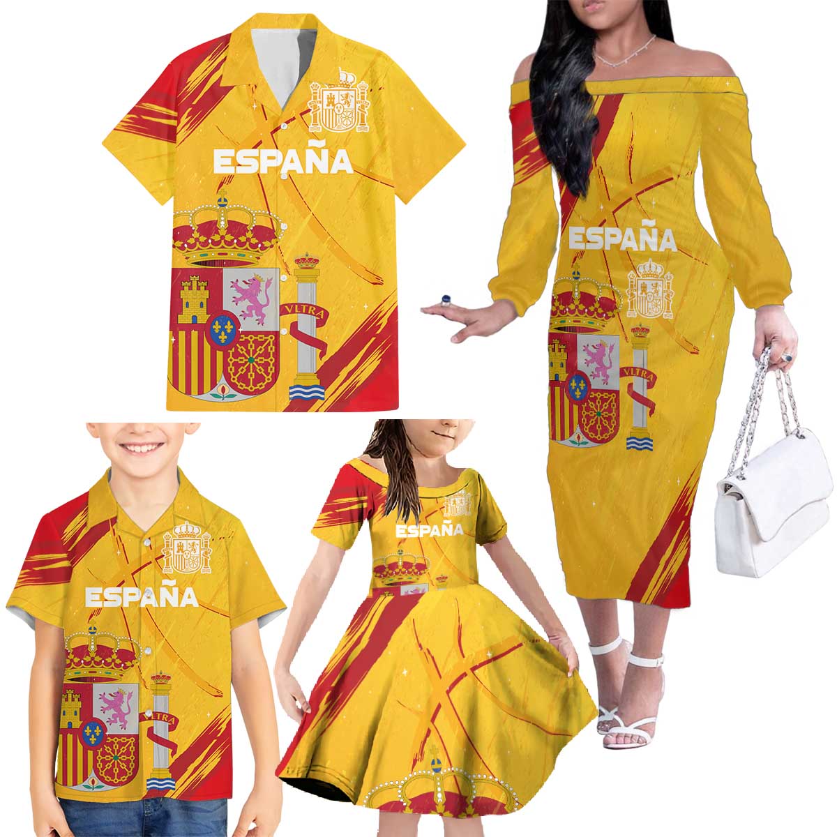 Custom Basketball Fan Jersey Spanish Family Matching Off The Shoulder Long Sleeve Dress and Hawaiian Shirt Royal Seal of España - Wonder Print Shop