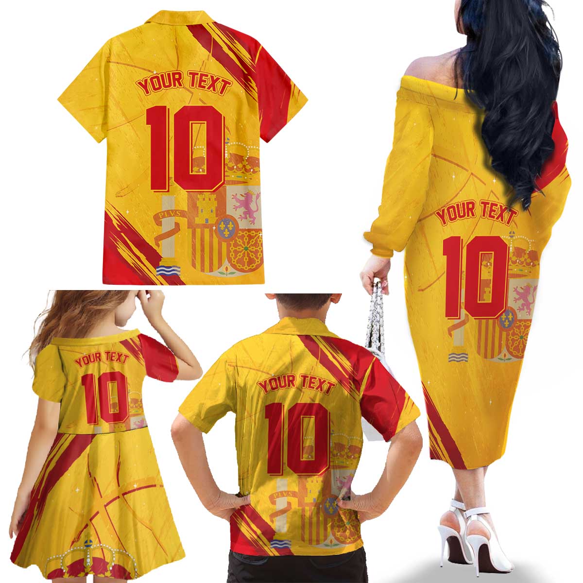 Custom Basketball Fan Jersey Spanish Family Matching Off The Shoulder Long Sleeve Dress and Hawaiian Shirt Royal Seal of España - Wonder Print Shop