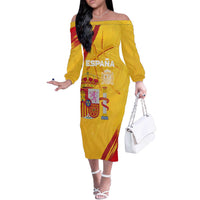 Custom Basketball Fan Jersey Spanish Off The Shoulder Long Sleeve Dress Royal Seal of España - Wonder Print Shop