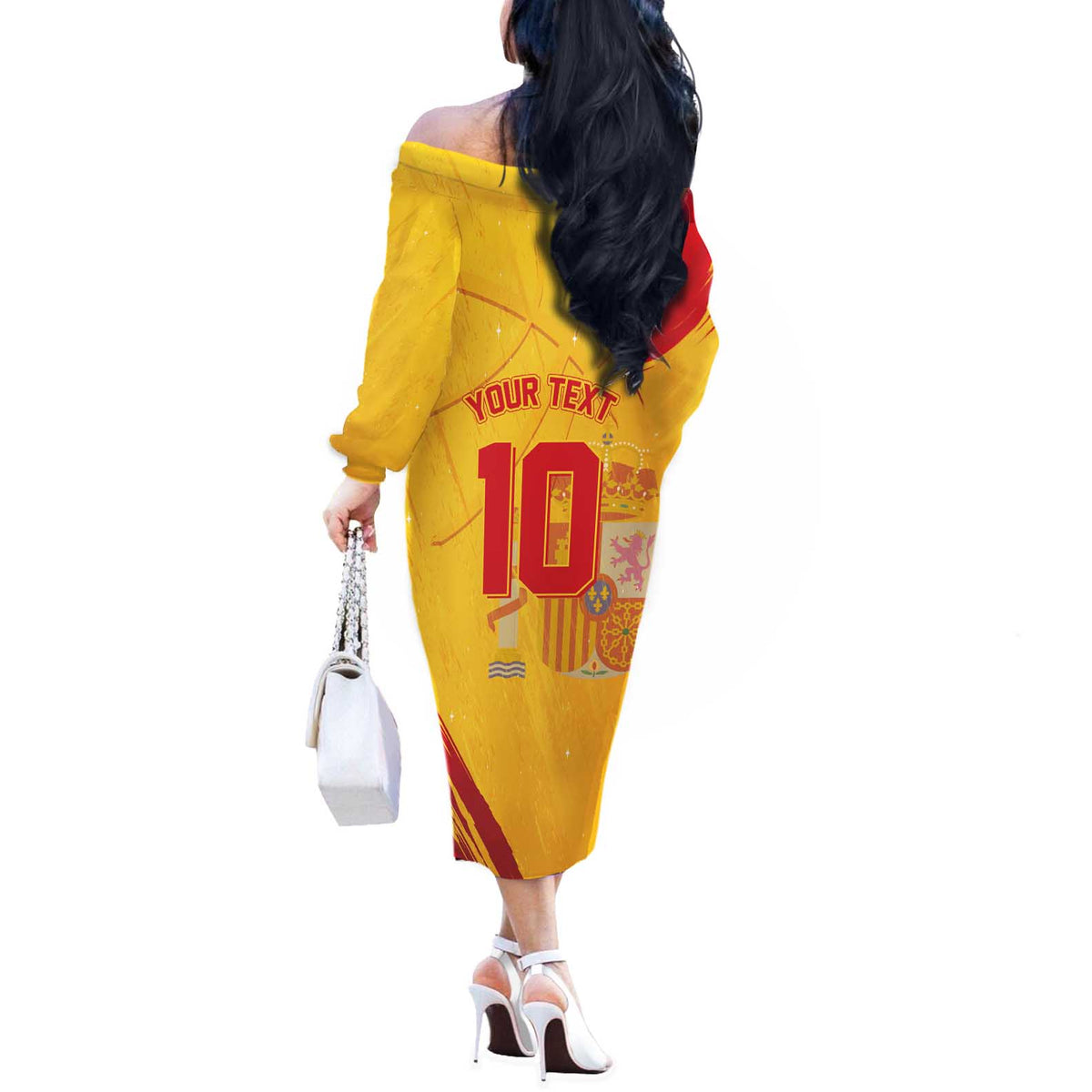 Custom Basketball Fan Jersey Spanish Off The Shoulder Long Sleeve Dress Royal Seal of España - Wonder Print Shop