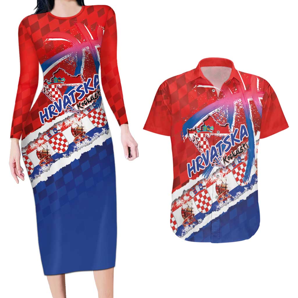 Basketball Fan Jersey Croatian Couples Matching Long Sleeve Bodycon Dress and Hawaiian Shirt Hrvatska-The Chequered Ones - Wonder Print Shop