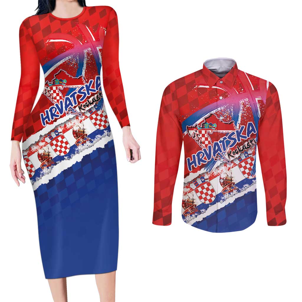 Basketball Fan Jersey Croatian Couples Matching Long Sleeve Bodycon Dress and Long Sleeve Button Shirt Hrvatska-The Chequered Ones - Wonder Print Shop