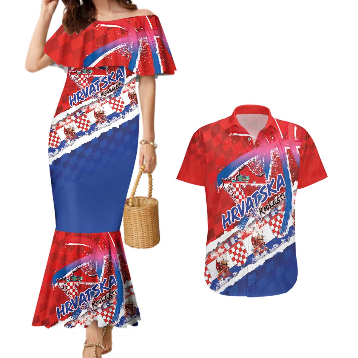 Basketball Fan Jersey Croatian Couples Matching Mermaid Dress and Hawaiian Shirt Hrvatska-The Chequered Ones - Wonder Print Shop