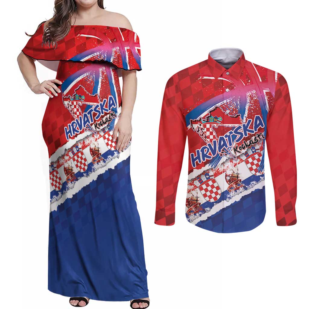 Basketball Fan Jersey Croatian Couples Matching Off Shoulder Maxi Dress and Long Sleeve Button Shirt Hrvatska-The Chequered Ones - Wonder Print Shop
