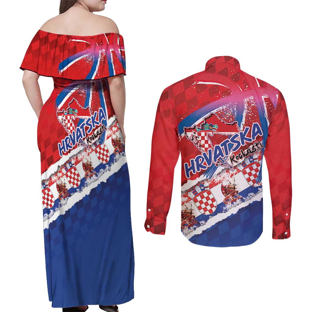 Basketball Fan Jersey Croatian Couples Matching Off Shoulder Maxi Dress and Long Sleeve Button Shirt Hrvatska-The Chequered Ones - Wonder Print Shop