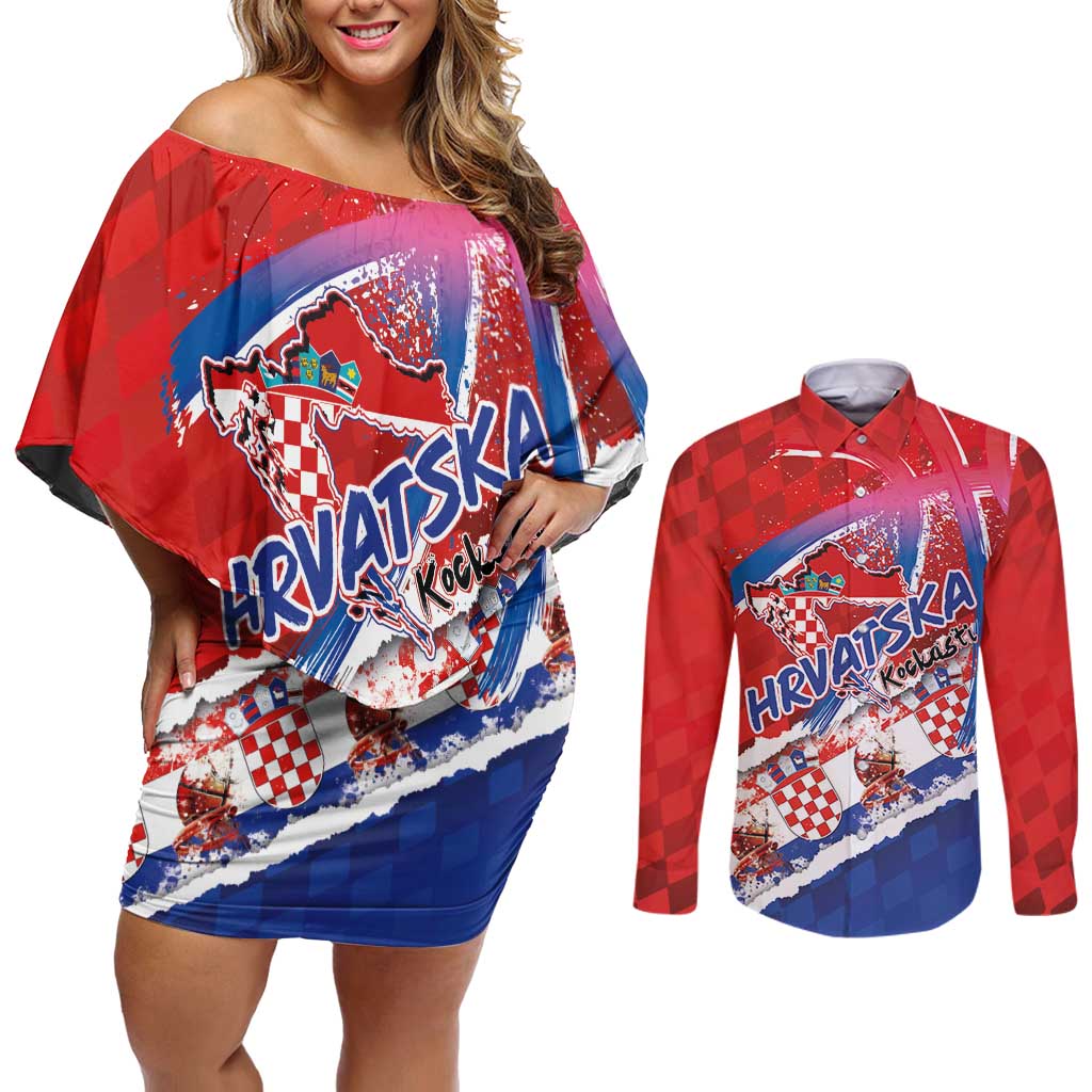 Basketball Fan Jersey Croatian Couples Matching Off Shoulder Short Dress and Long Sleeve Button Shirt Hrvatska-The Chequered Ones - Wonder Print Shop