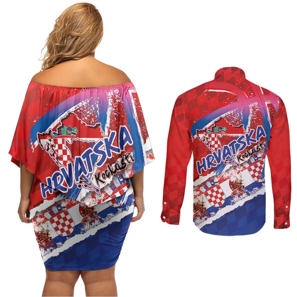 Basketball Fan Jersey Croatian Couples Matching Off Shoulder Short Dress and Long Sleeve Button Shirt Hrvatska-The Chequered Ones - Wonder Print Shop