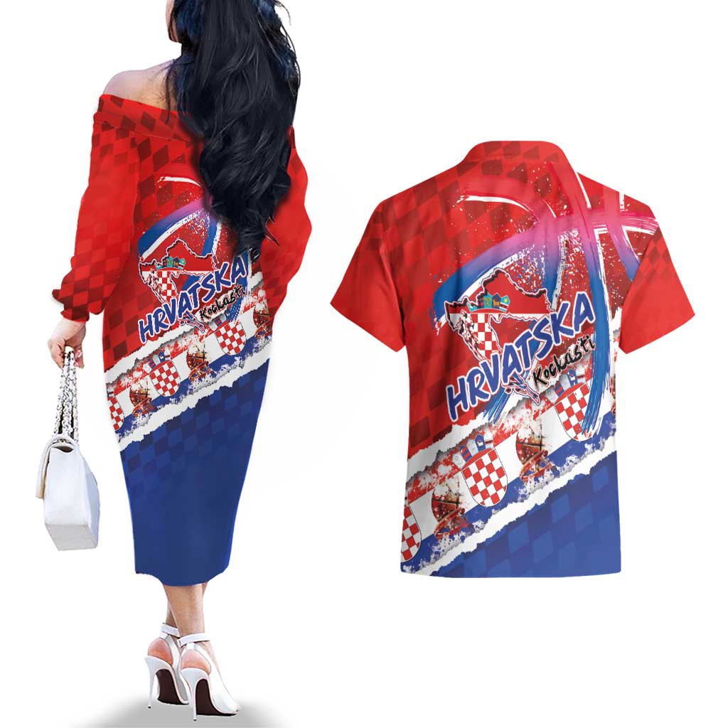 Basketball Fan Jersey Croatian Couples Matching Off The Shoulder Long Sleeve Dress and Hawaiian Shirt Hrvatska-The Chequered Ones - Wonder Print Shop
