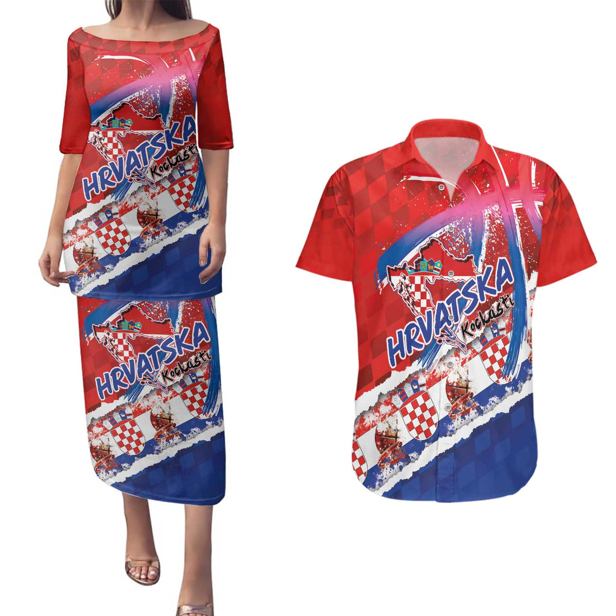 Basketball Fan Jersey Croatian Couples Matching Puletasi and Hawaiian Shirt Hrvatska-The Chequered Ones - Wonder Print Shop