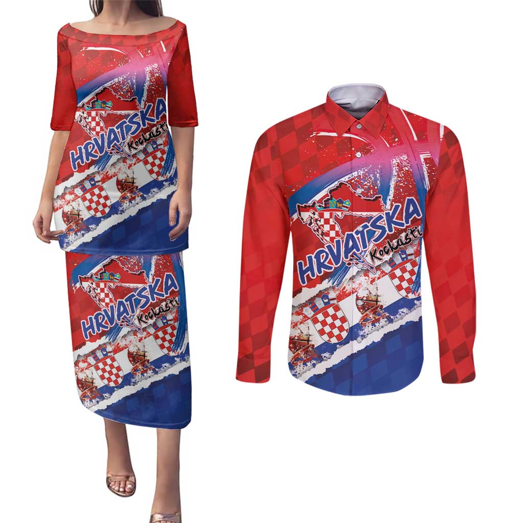 Basketball Fan Jersey Croatian Couples Matching Puletasi and Long Sleeve Button Shirt Hrvatska-The Chequered Ones - Wonder Print Shop