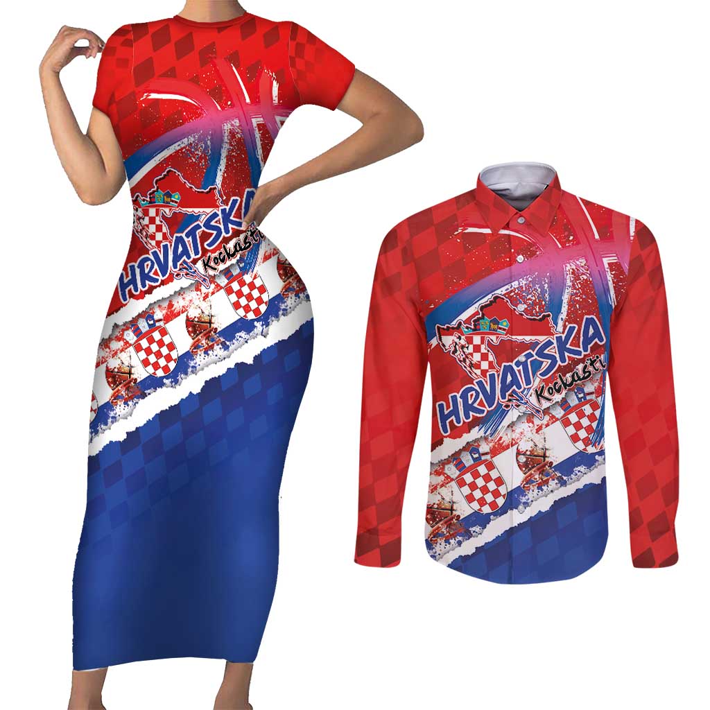 Basketball Fan Jersey Croatian Couples Matching Short Sleeve Bodycon Dress and Long Sleeve Button Shirt Hrvatska-The Chequered Ones - Wonder Print Shop