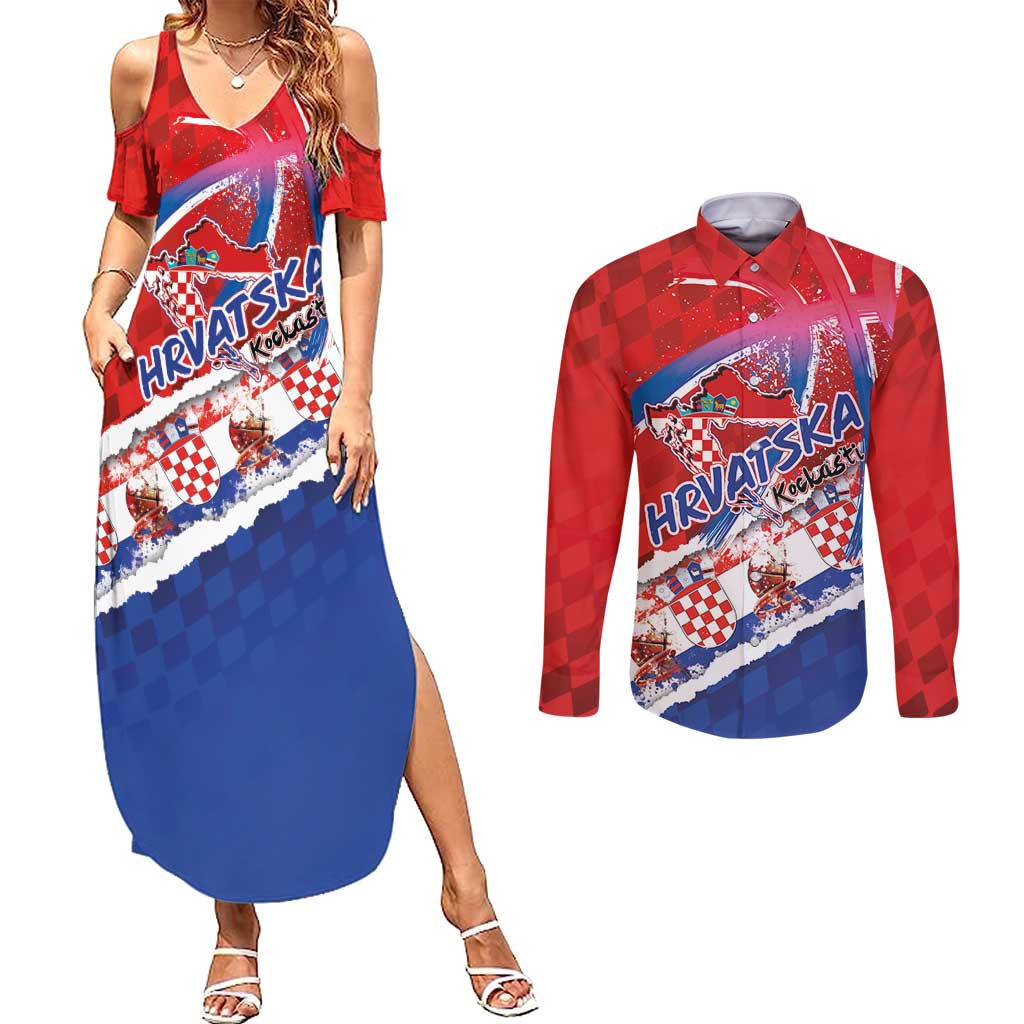 Basketball Fan Jersey Croatian Couples Matching Summer Maxi Dress and Long Sleeve Button Shirt Hrvatska-The Chequered Ones - Wonder Print Shop