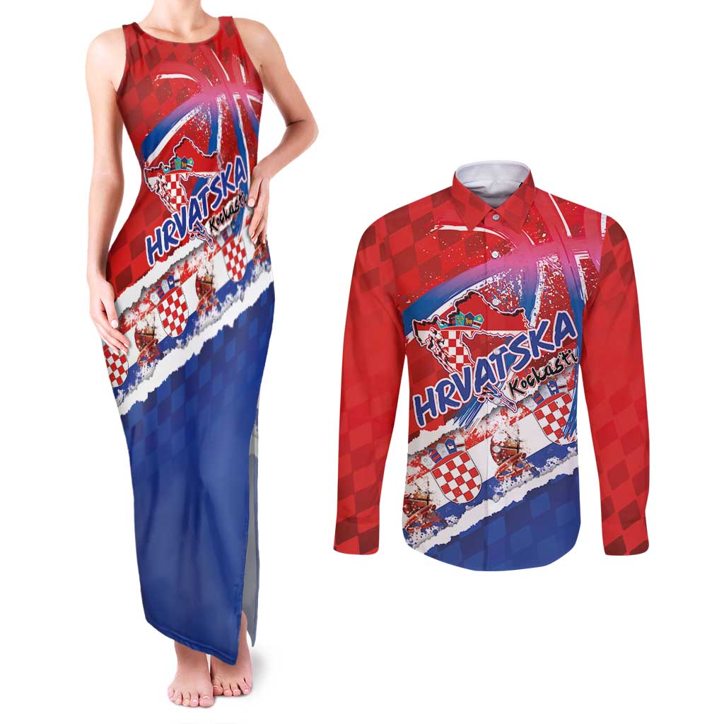 Basketball Fan Jersey Croatian Couples Matching Tank Maxi Dress and Long Sleeve Button Shirt Hrvatska-The Chequered Ones - Wonder Print Shop