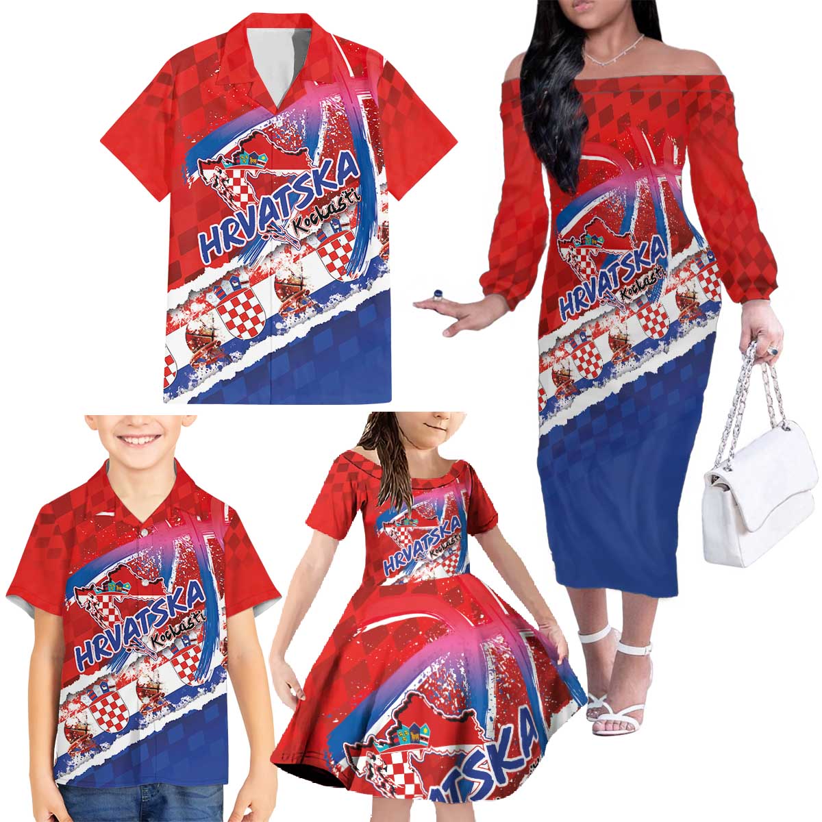 Basketball Fan Jersey Croatian Family Matching Off The Shoulder Long Sleeve Dress and Hawaiian Shirt Hrvatska-The Chequered Ones - Wonder Print Shop